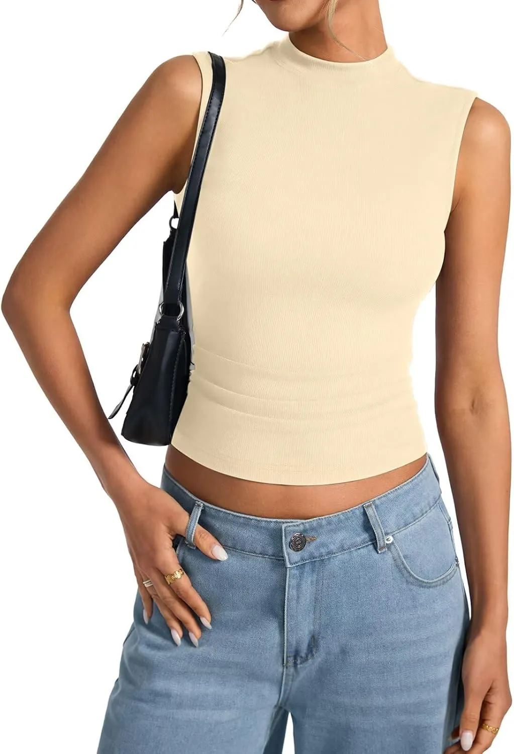 Womens Cotton Ribbed Tank Tops Sleeveless Mock High Neck Top Fitted Basic Summer Cami Shirts Y2K Outfits 2025