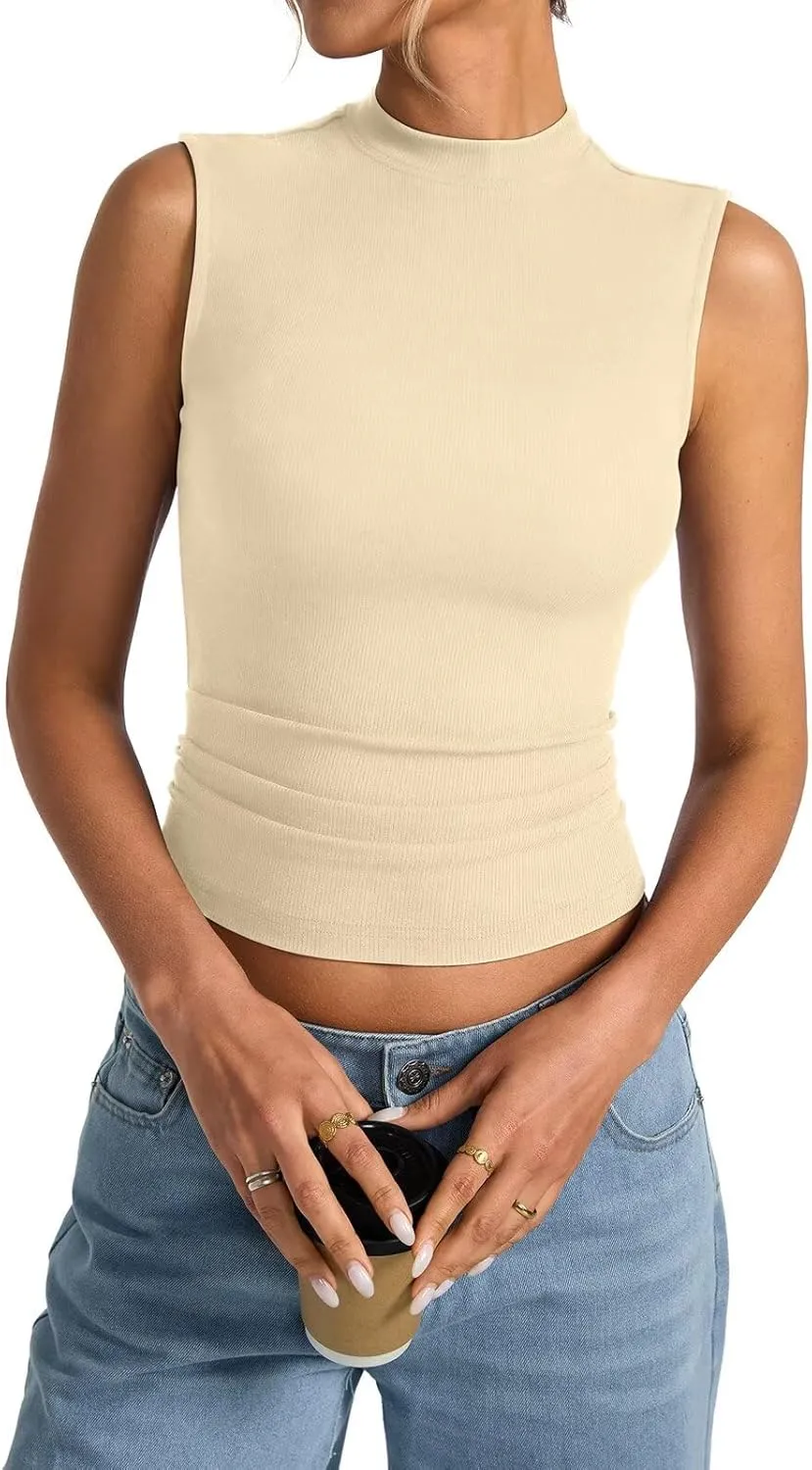 Womens Cotton Ribbed Tank Tops Sleeveless Mock High Neck Top Fitted Basic Summer Cami Shirts Y2K Outfits 2025