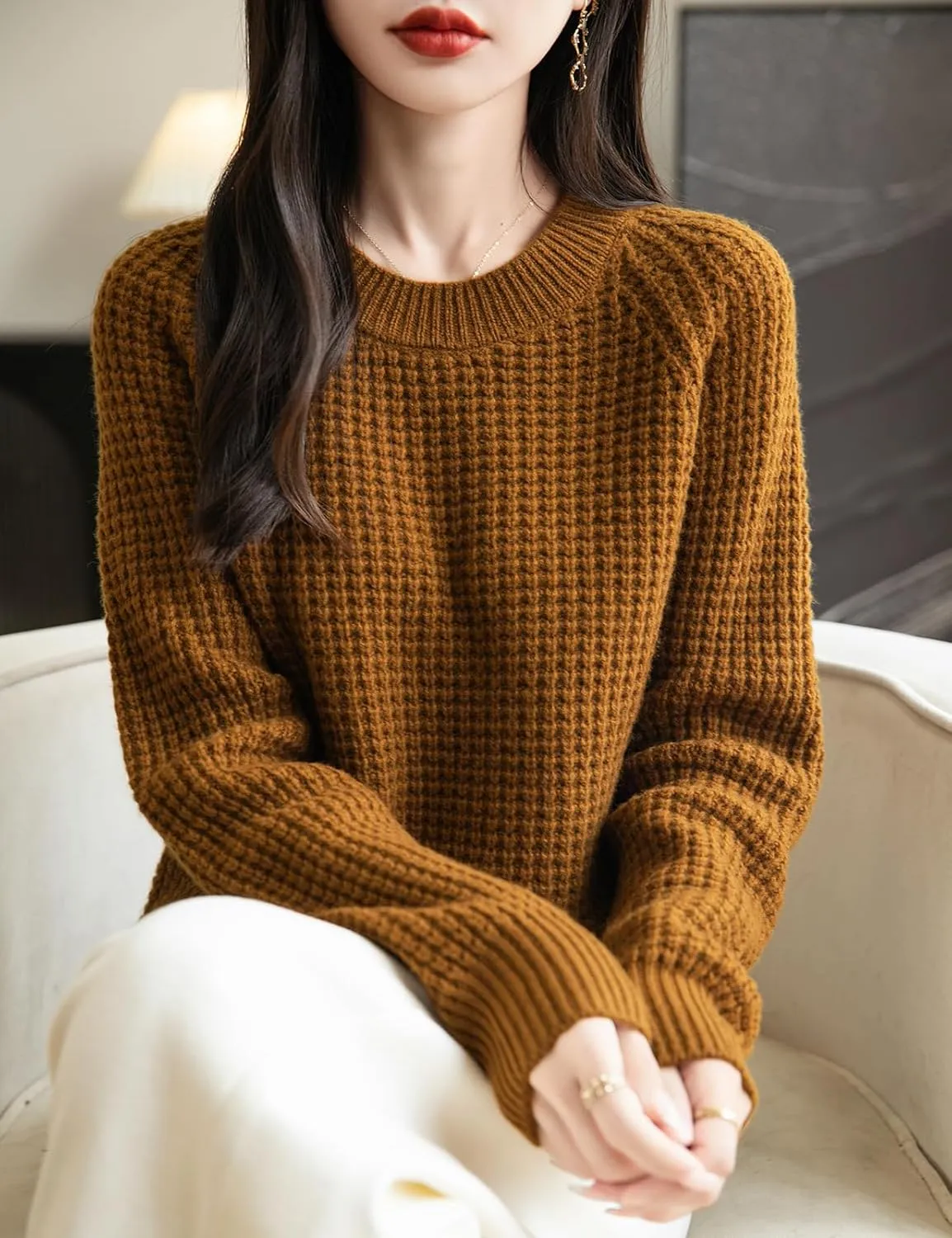 Women's Crewneck 100% Merino Wool Sweater 2025 Fall Winter Waffle Knit Sweater Casual Warm Long Sleeve Pullover