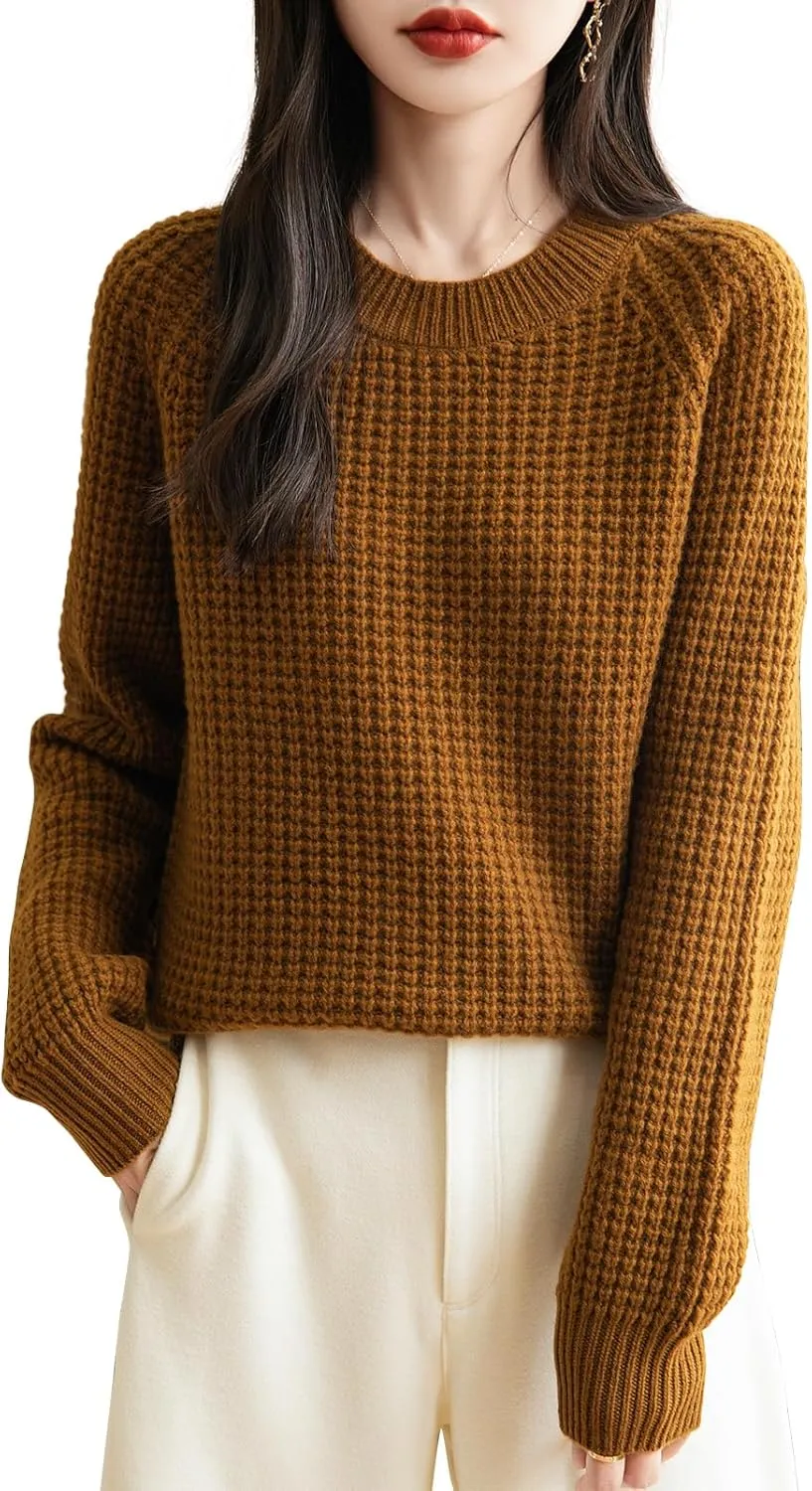 Women's Crewneck 100% Merino Wool Sweater 2025 Fall Winter Waffle Knit Sweater Casual Warm Long Sleeve Pullover