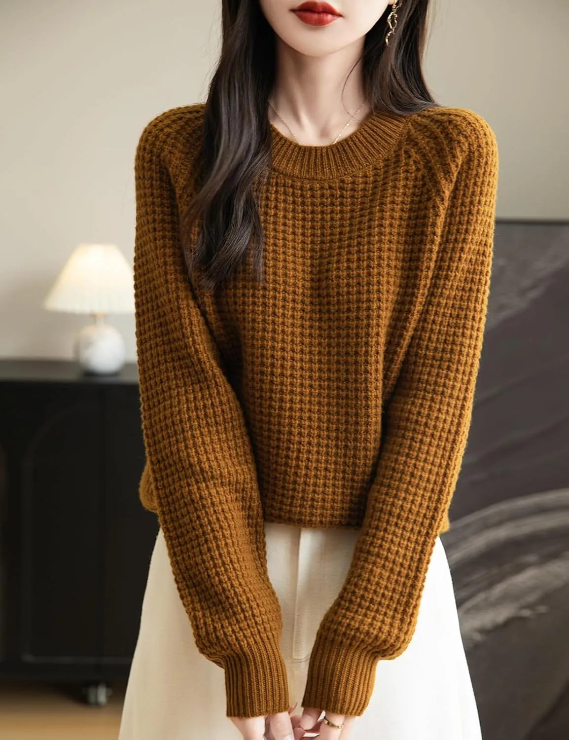 Women's Crewneck 100% Merino Wool Sweater 2025 Fall Winter Waffle Knit Sweater Casual Warm Long Sleeve Pullover