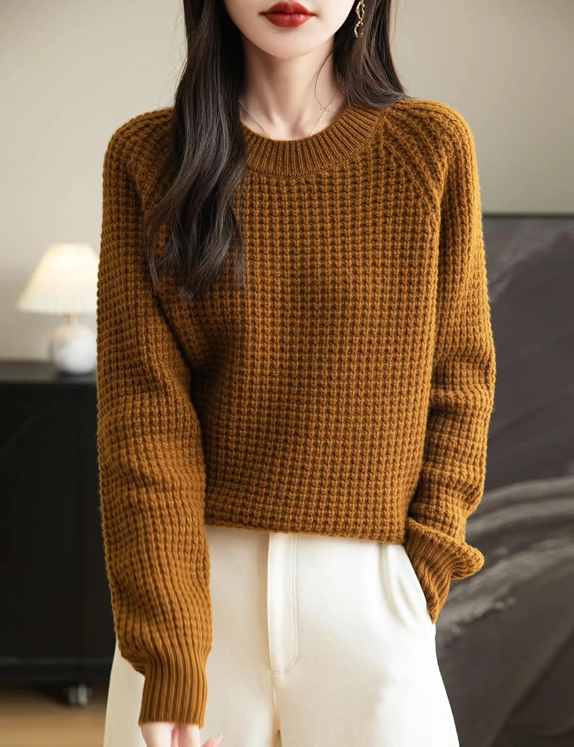 Women's Crewneck 100% Merino Wool Sweater 2025 Fall Winter Waffle Knit Sweater Casual Warm Long Sleeve Pullover