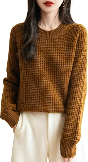 Women's Crewneck 100% Merino Wool Sweater 2025 Fall Winter Waffle Knit Sweater Casual Warm Long Sleeve Pullover
