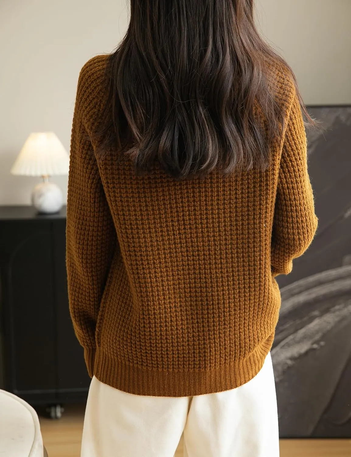 Women's Crewneck 100% Merino Wool Sweater 2025 Fall Winter Waffle Knit Sweater Casual Warm Long Sleeve Pullover