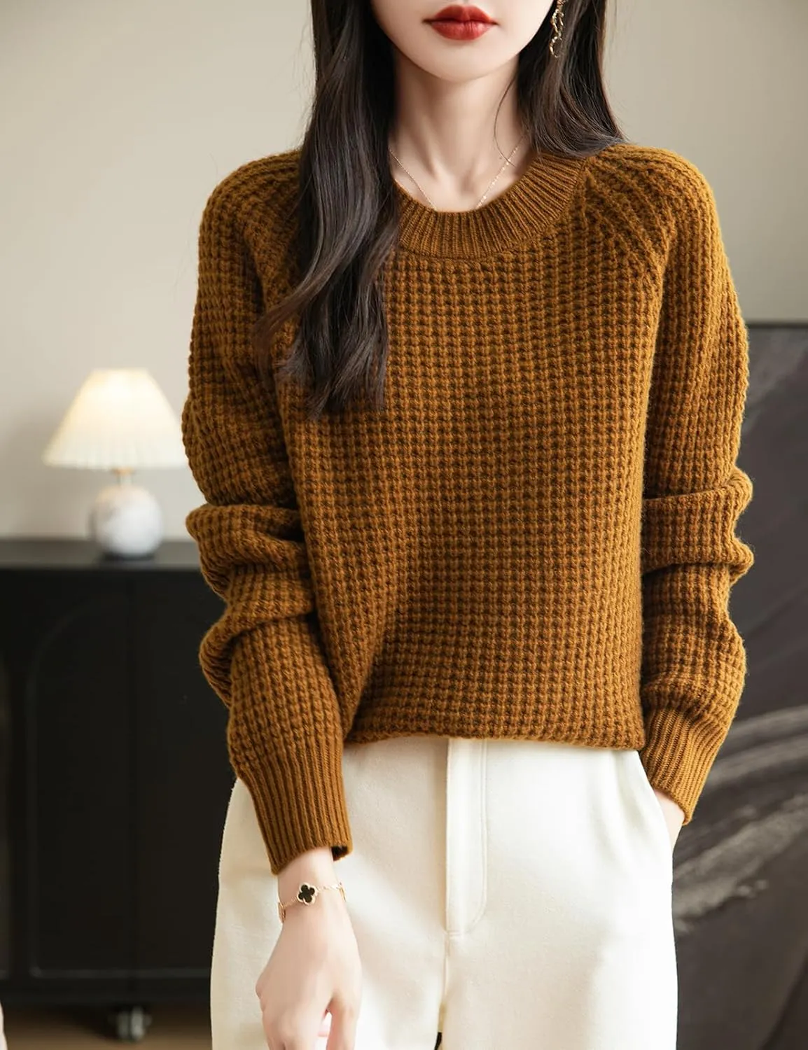 Women's Crewneck 100% Merino Wool Sweater 2025 Fall Winter Waffle Knit Sweater Casual Warm Long Sleeve Pullover