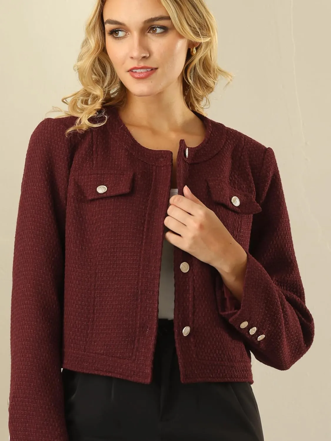 Women's Cropped Blazer Collarless Button Front Tweed Jacket