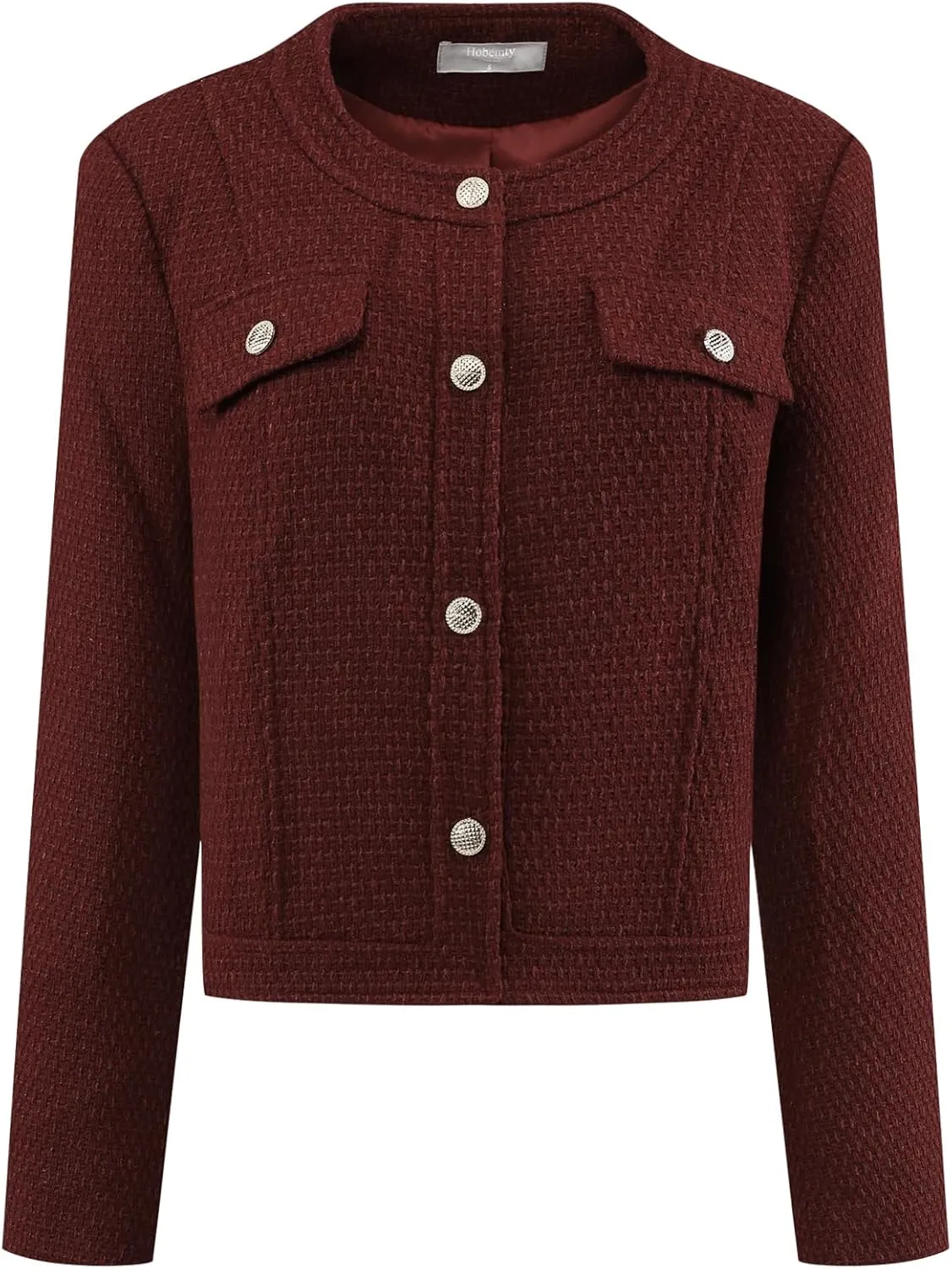 Women's Cropped Blazer Collarless Button Front Tweed Jacket