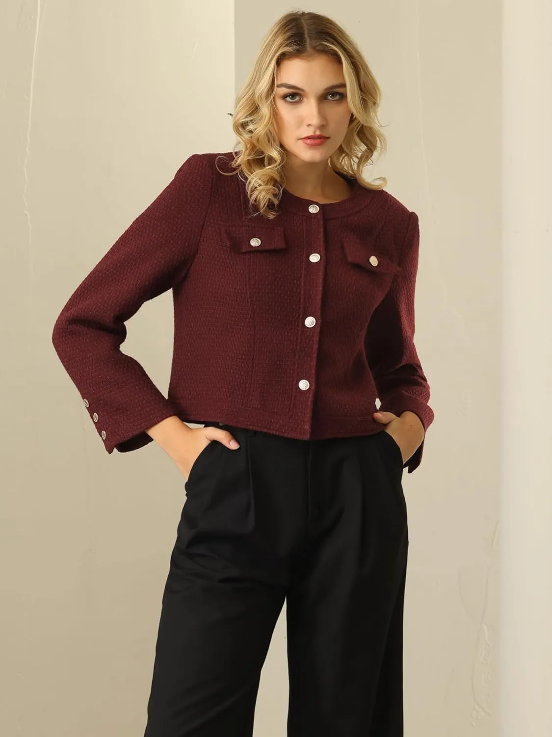 Women's Cropped Blazer Collarless Button Front Tweed Jacket