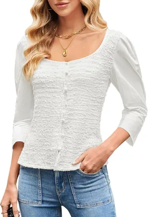 Womens Smocked Cardigan Tops 3/4 Sleeve Button Down Casual Blouse Shirt