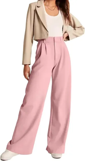 Women's Wide Leg Formal Pants Elastic Waist Business Casual Suit Pants with Pockets Fashion Trousers