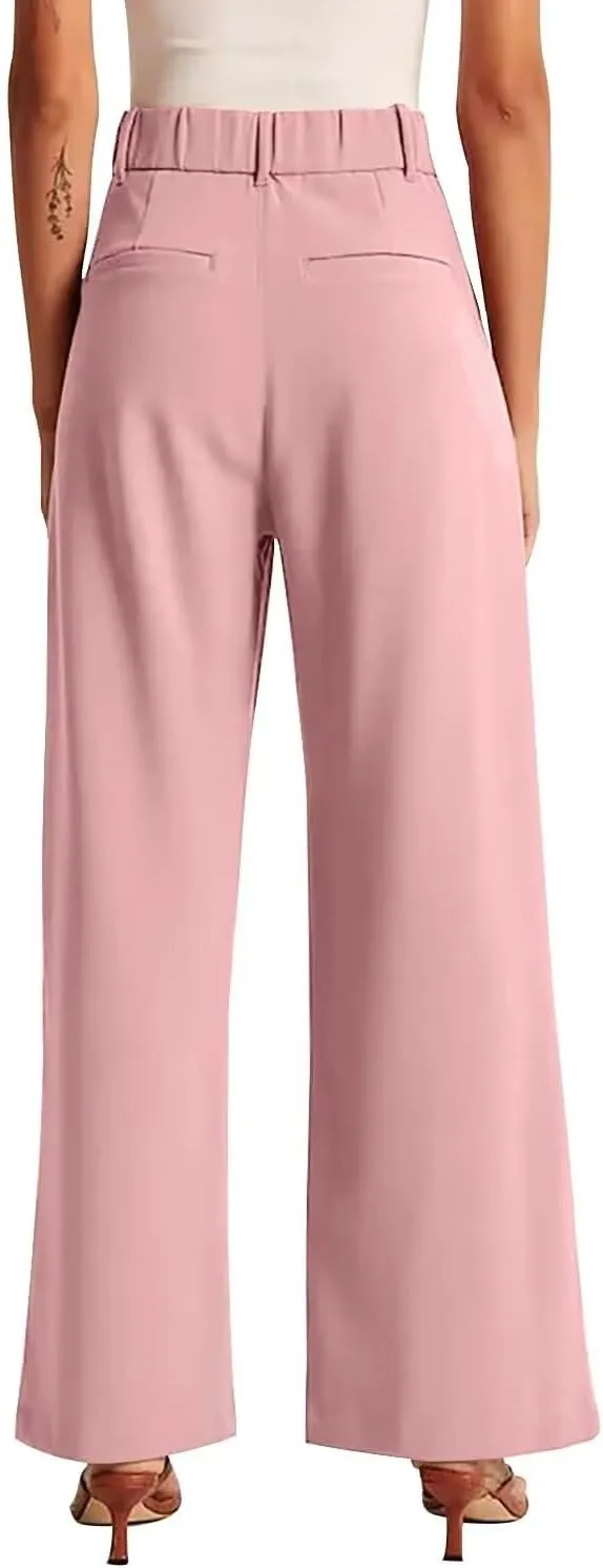 Women's Wide Leg Formal Pants Elastic Waist Business Casual Suit Pants with Pockets Fashion Trousers