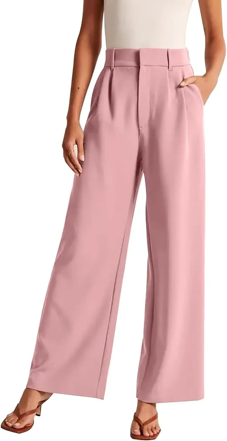 Women's Wide Leg Formal Pants Elastic Waist Business Casual Suit Pants with Pockets Fashion Trousers