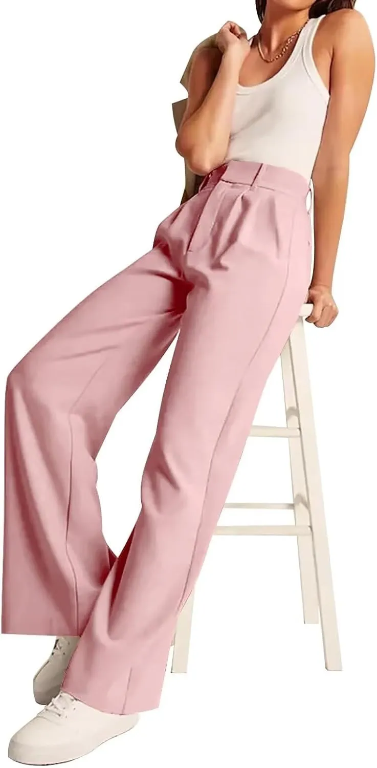 Women's Wide Leg Formal Pants Elastic Waist Business Casual Suit Pants with Pockets Fashion Trousers
