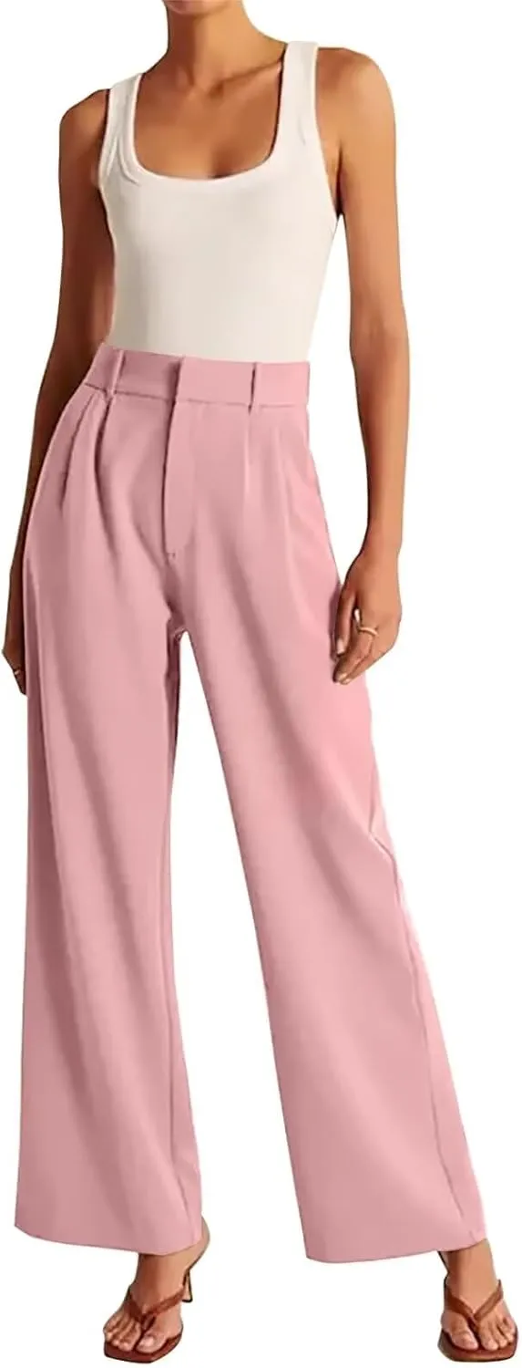 Women's Wide Leg Formal Pants Elastic Waist Business Casual Suit Pants with Pockets Fashion Trousers