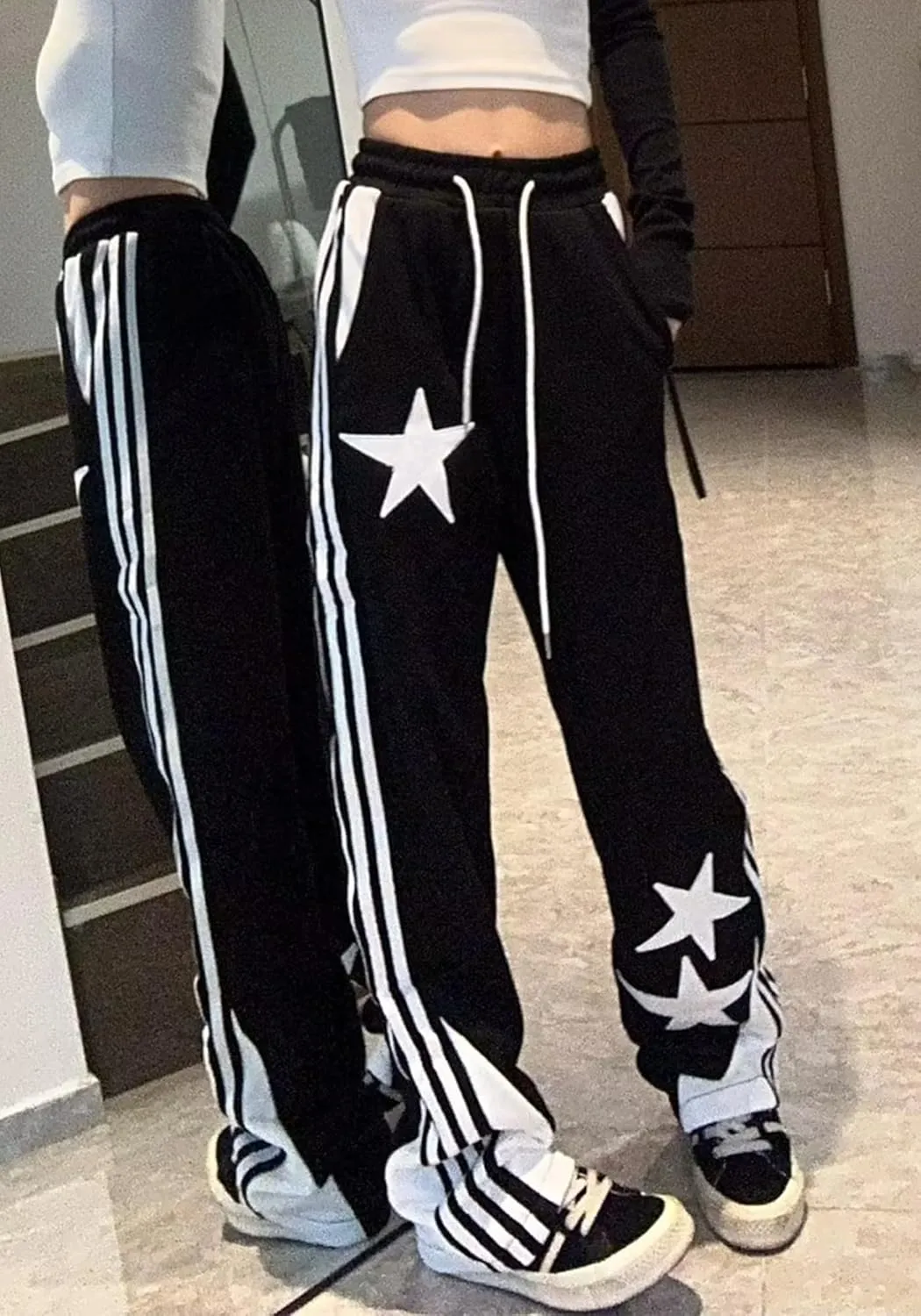 Womens Y2k Striped Sweatpants Star Patchwork Straight Leg Drawstring Baggy Sweatpants with Pockets