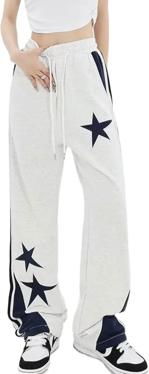 Womens Y2k Striped Sweatpants Star Patchwork Straight Leg Drawstring Baggy Sweatpants with Pockets