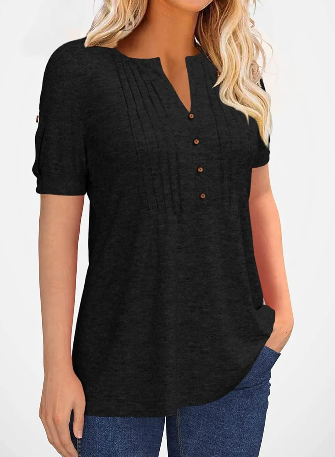 Women's Zipper Summer Pleated Button Short Sleeve T-Shirt Summer V-Neck Solid Color Casual top