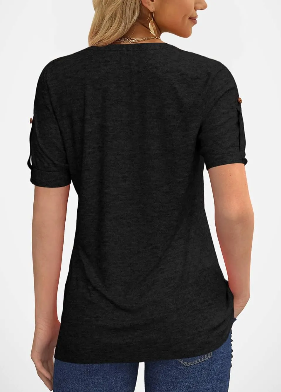 Women's Zipper Summer Pleated Button Short Sleeve T-Shirt Summer V-Neck Solid Color Casual top