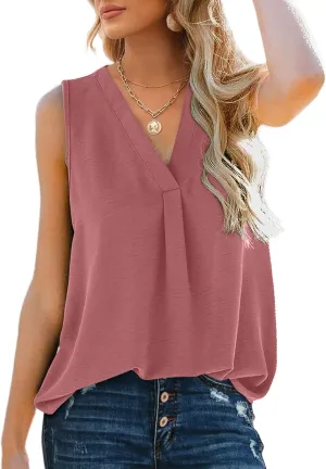 XIEERDUO Women's V Neck Chiffon Tank Top Sleeveless Work Office Pleated Blouses Tops