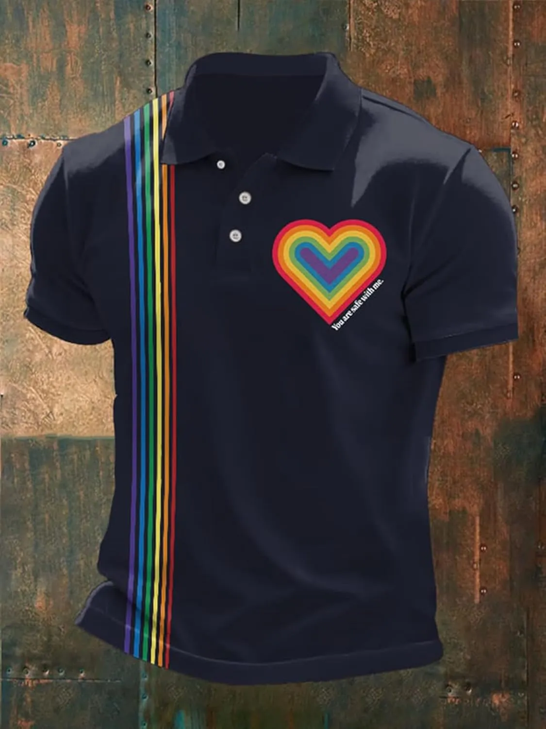 You are Safe with Me Polo Shirt Men Rainbow Heart Shape Gay Pride LGBTQ Equality Human Rights T-Shirt