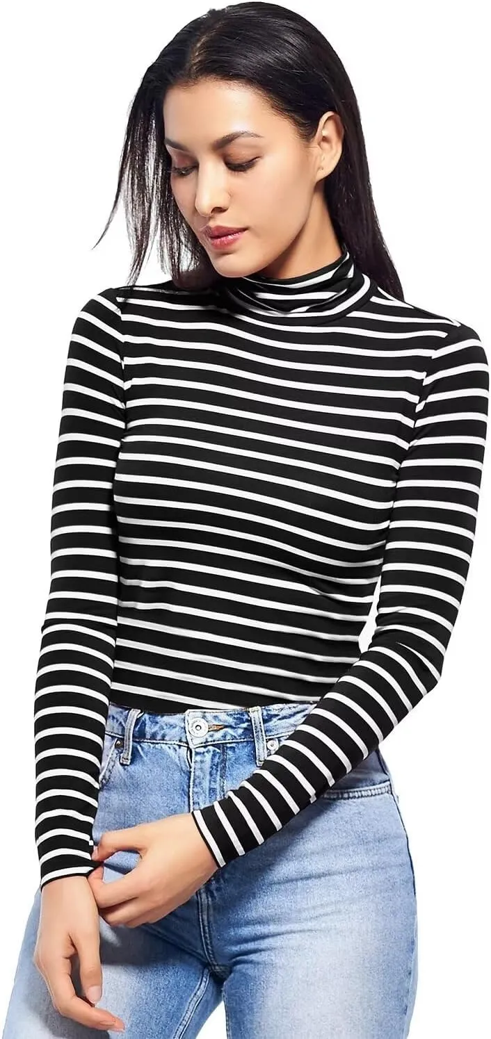 Zengjo Long Sleeve Turtleneck Women Stretch/Short Sleeve Tops Fitted Tee Shirt
