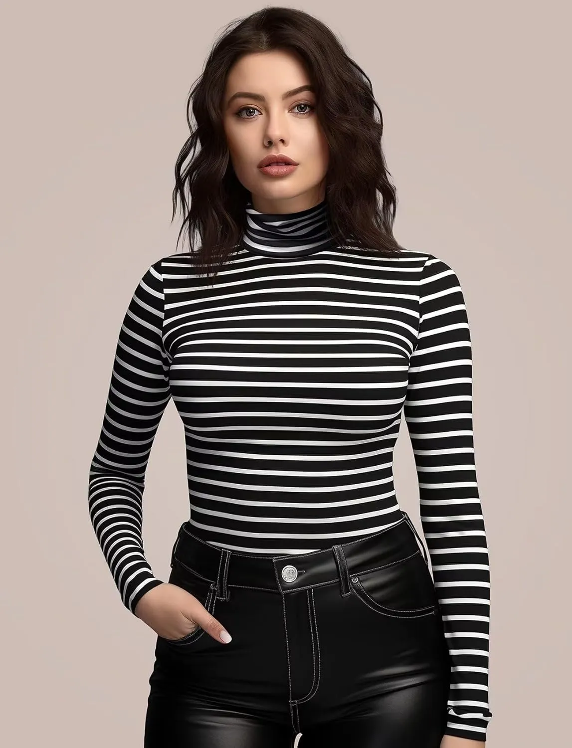 Zengjo Long Sleeve Turtleneck Women Stretch/Short Sleeve Tops Fitted Tee Shirt