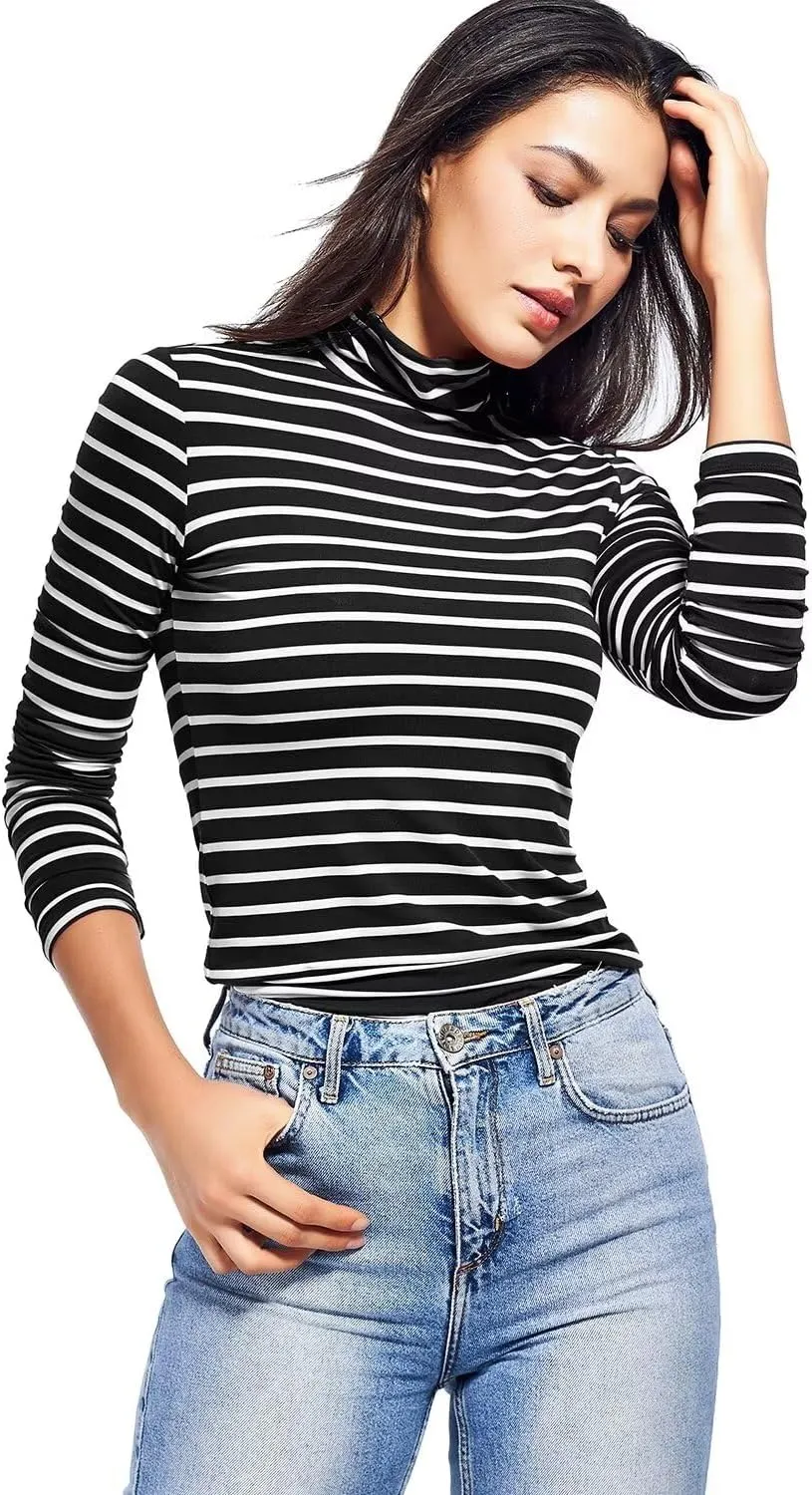 Zengjo Long Sleeve Turtleneck Women Stretch/Short Sleeve Tops Fitted Tee Shirt